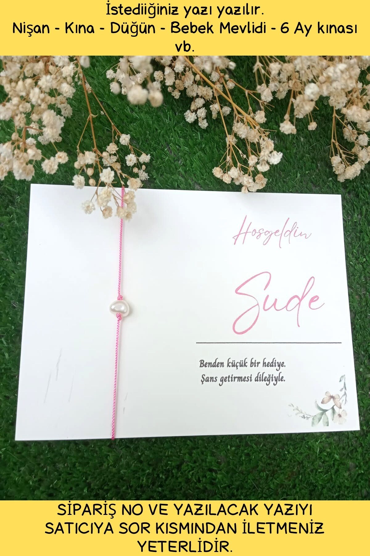 25 Pcs Pink Pearl Bracelet - Personal Letter - 6 Month Henna Gift - Mevlid Gift - Tooth Wheat Gift