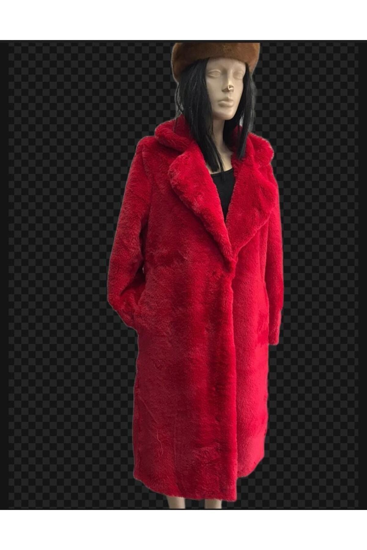 KürkZone  KIRMIZI PELUŞ REX KÜRK MANTO - Görsel 2