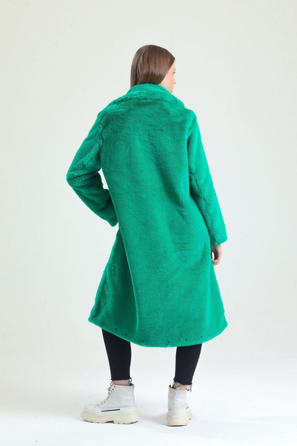 KürkZone  Kadın Yeşil Ingiliz Yaka Mavi Rex Kürk Peluş Manto - Görsel 4