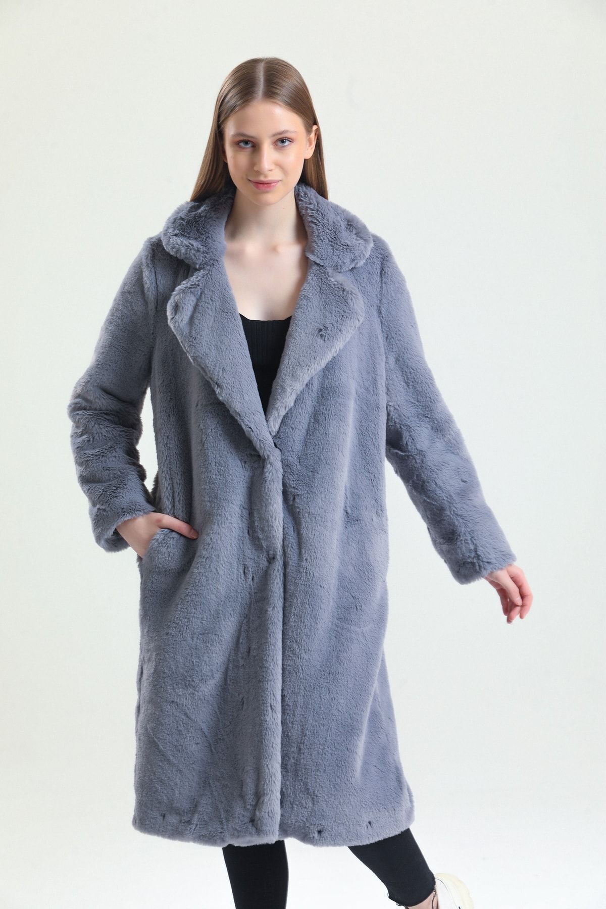 KürkZone  Kadın Porpoise Grisi Ingiliz Yaka Mavi Rex Kürk Peluş Manto - Görsel 4