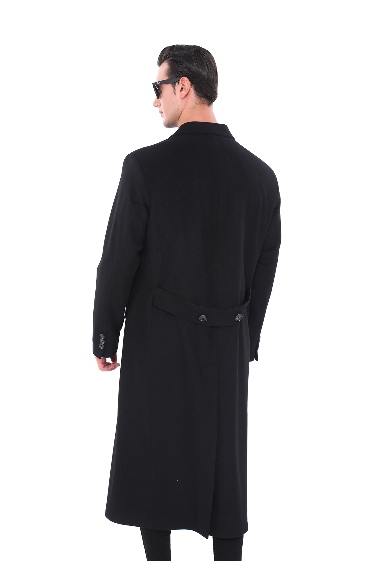 ŞAN GİYİM  4439 Erkek Siyah Kemerli Kruvaze Uzun Palto - Görsel 5