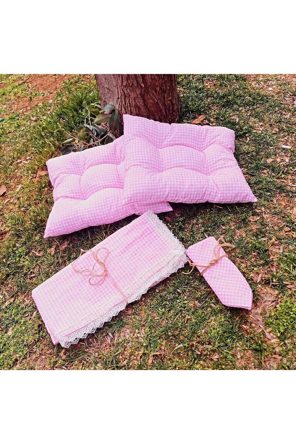 Çok Amaçlı Pembe Piknik Örtü Seti 2 Adet 40x40 Minder 170x130 Masa Örtüsü