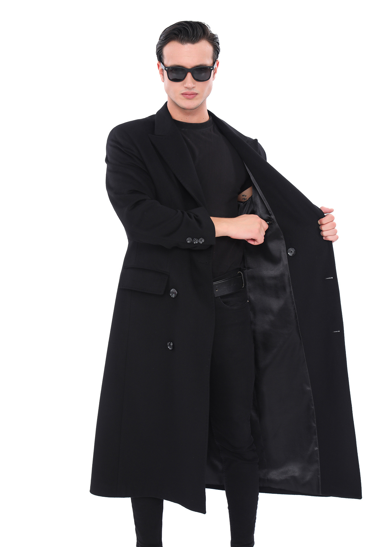 ŞAN GİYİM  4439 Erkek Siyah Kemerli Kruvaze Uzun Palto - Görsel 4