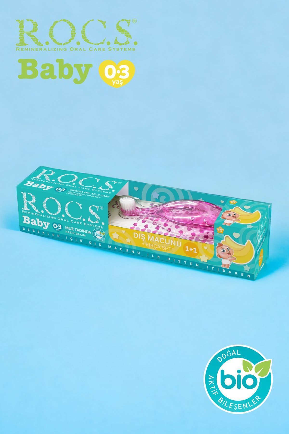 R.O.C.S. Rocs Baby 0-3 Yaş Muz Püresi Tadında Diş Macunu 45g + Diş Fırçası Seti Pembe