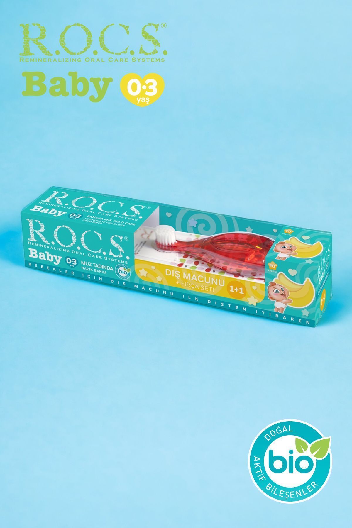 R.O.C.S. Rocs Baby 0-3 Yaş Muz Püresi Tadında Diş Macunu 45g + Diş Fırçası Seti Kırmızı