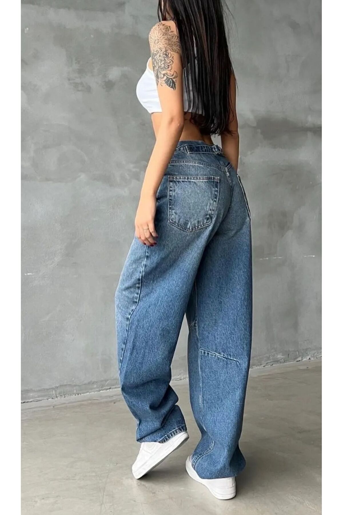 Shield Life  Spreyli Tibet Toka Detaylı Bol Kesim Geniş Paça Rahat Baggy Jean Kot Salaş Kadın Pantolon Jangan