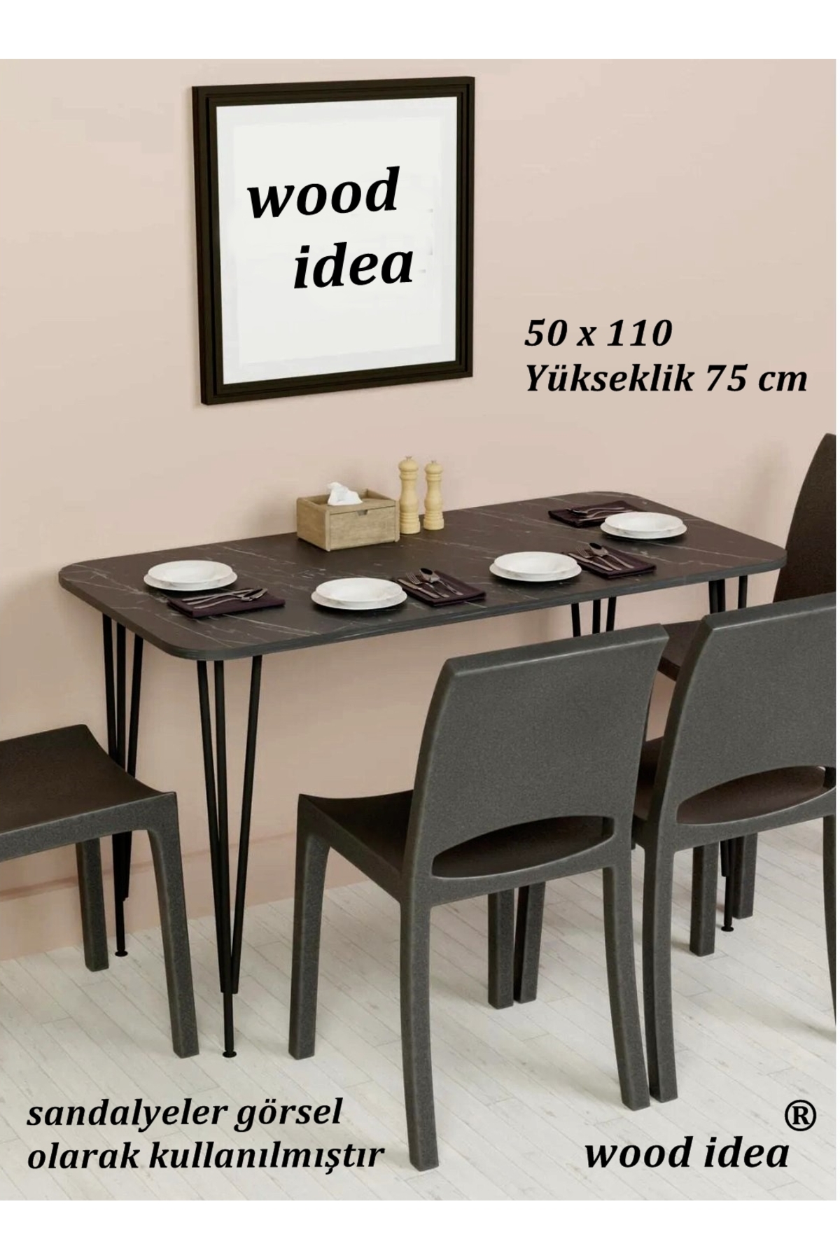 wood idea 50x110 Mermer Desen Metal Ayaklı Mutfak Masası Yemek Masası Balkon Masası