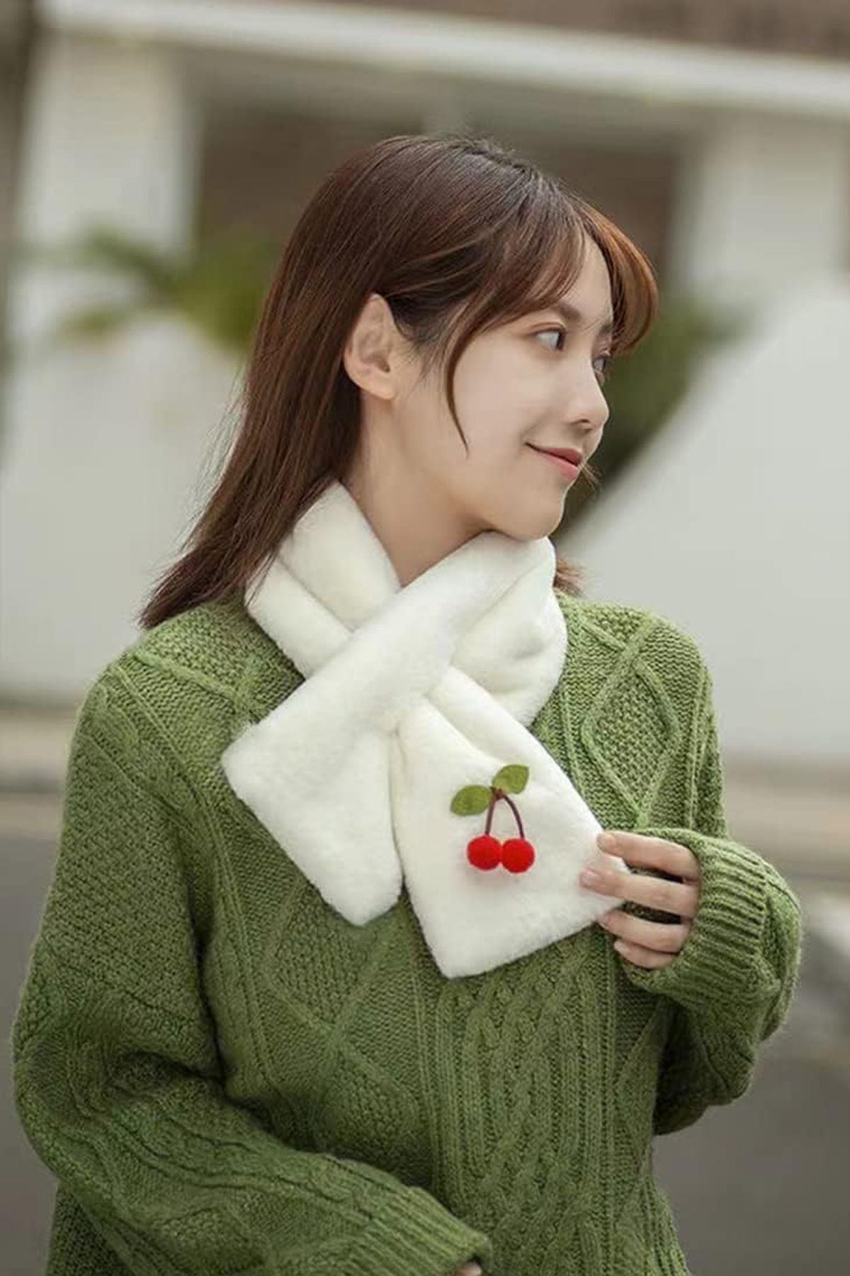 Nurnivus Cherry Kiraz Peluş Atkı Şık Atkı Kaşkol Rüzgar Geçirmez Welsoft Polar Boyunluk Şalı