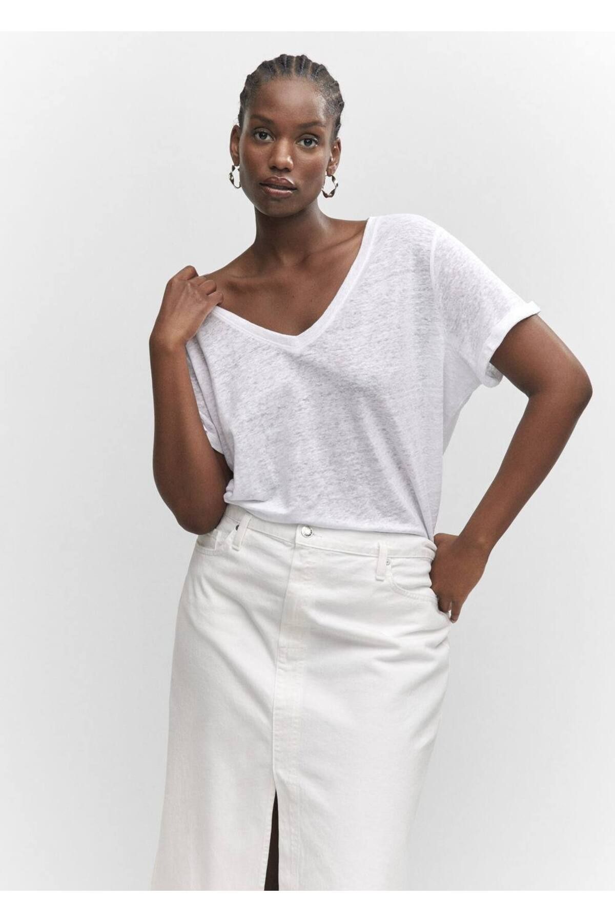 MANGO Woman-Tricou din in cu decolteu în V 7