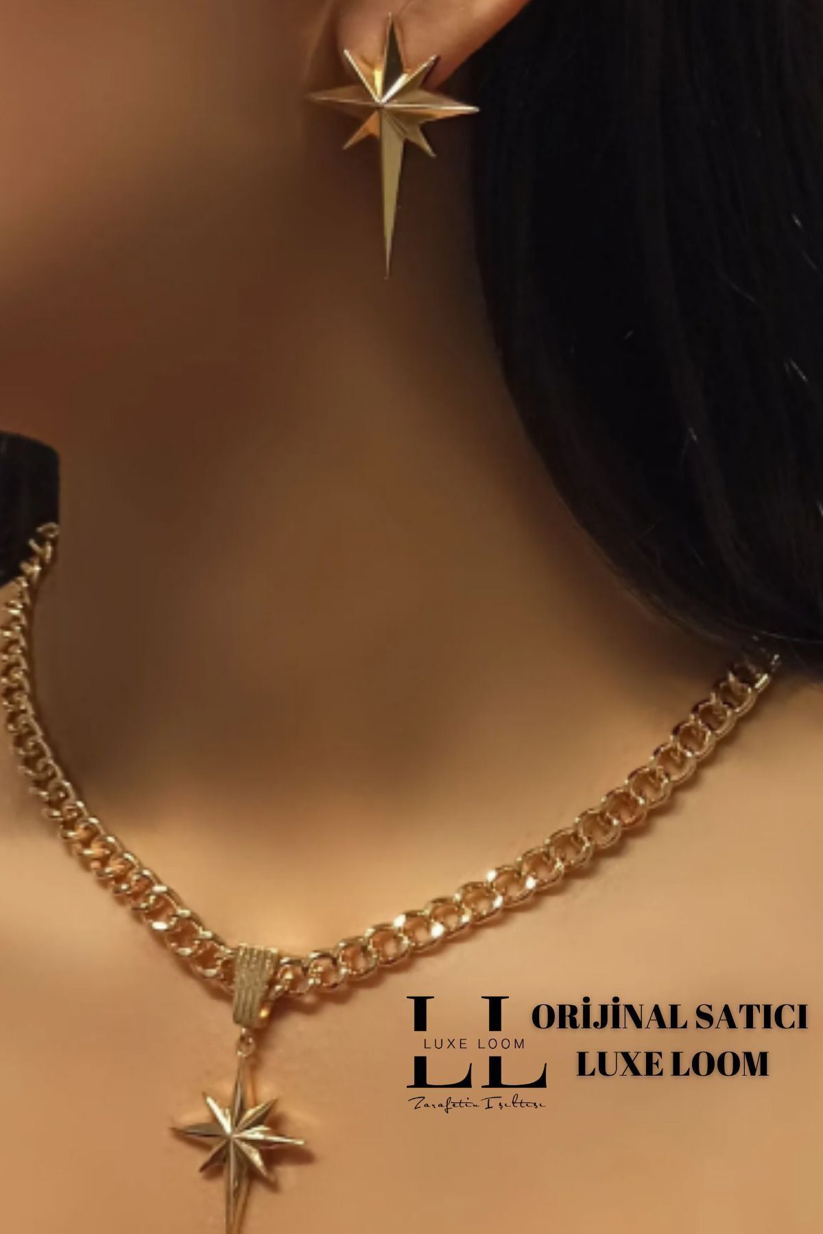 Luxe Loom Kadın Gold Renk Kuzey Yıldızı Kolye Küpe Şık Takım 004