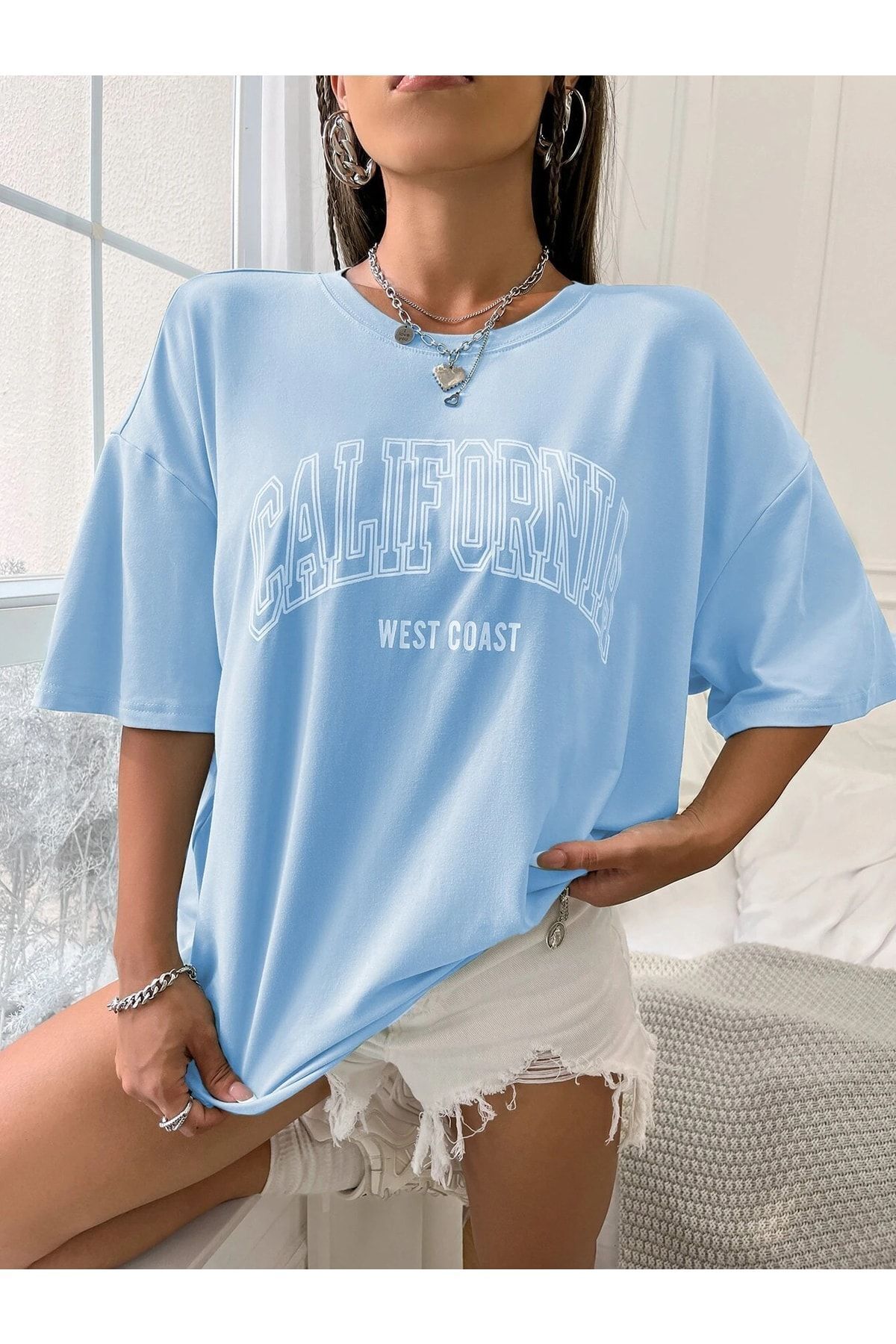 MODARİCH-California West Coast Written T-shirt - Baby Blue, Printed, Crew Neck, Printed, Short Sleeve, Loose 5