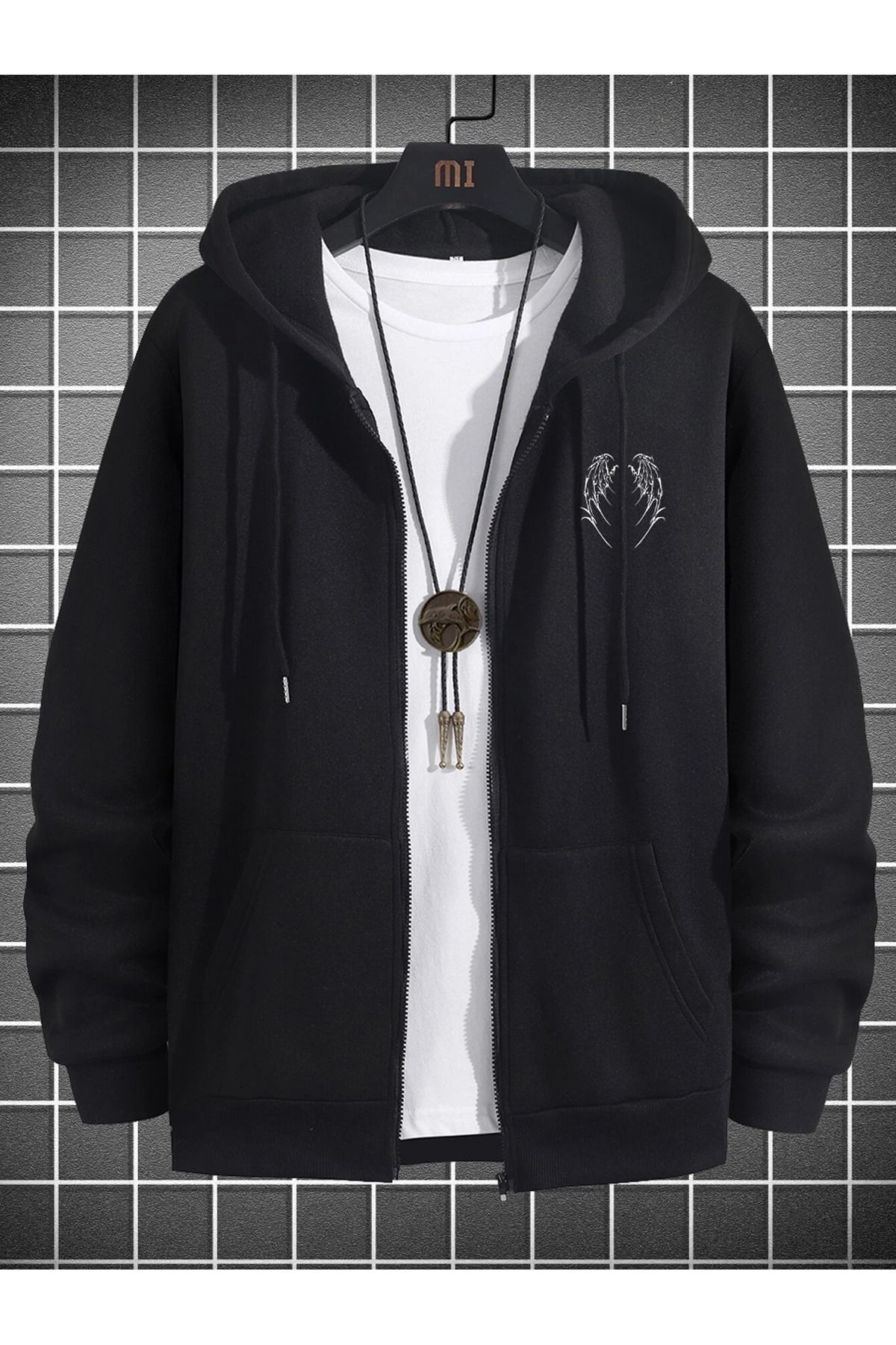 MODARİCH  Kanat Hırka Sweatshirt - Siyah Baskılı Kışlık Oversize Kapüşonlu Fermuarlı Hırka - Görsel 2