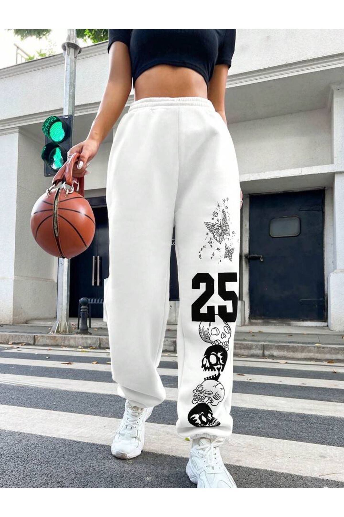 Mythologie-25 Skull Sweatpants Jogger - Iarnă cu talie înaltă cu picior din cauciuc cu imprimeu alb 3