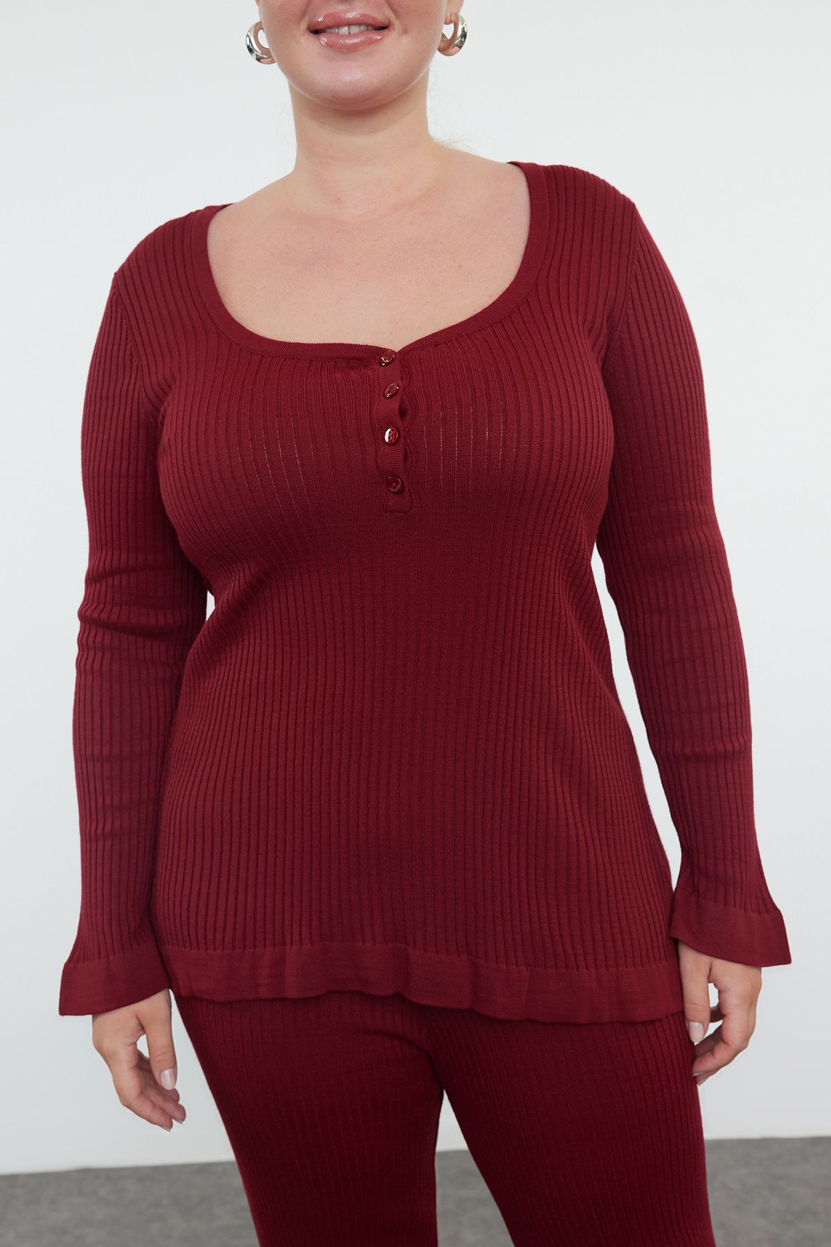 Trendyol Curve-Dark Cherry Knitwear Top and Bottom Set - With Flywheel and Buttons TBBAW25CP00009 3