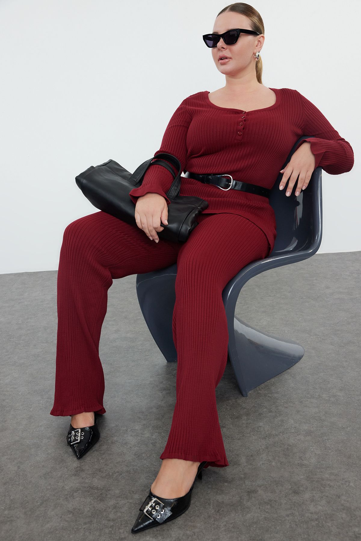 Trendyol Curve Zestaw Góra I Dół Z Dzianiny W Kolorze Ciemnej Wiśni – Z Kołem Zamachowym I Guzikami Kobieta - XL