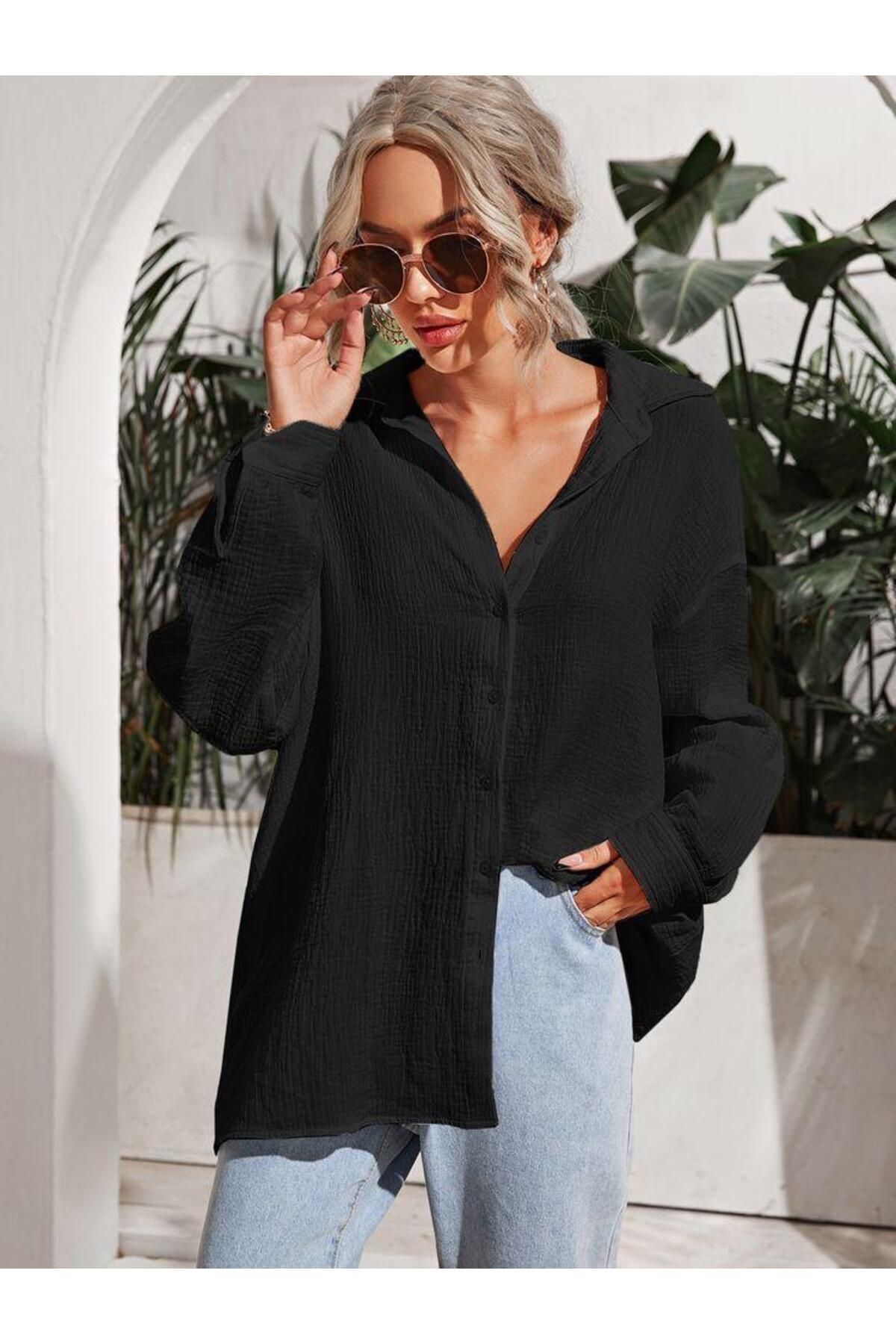 NO 601  Kadın Siyah Oversize Bürümcük Kumaş Gömlek - Görsel 4