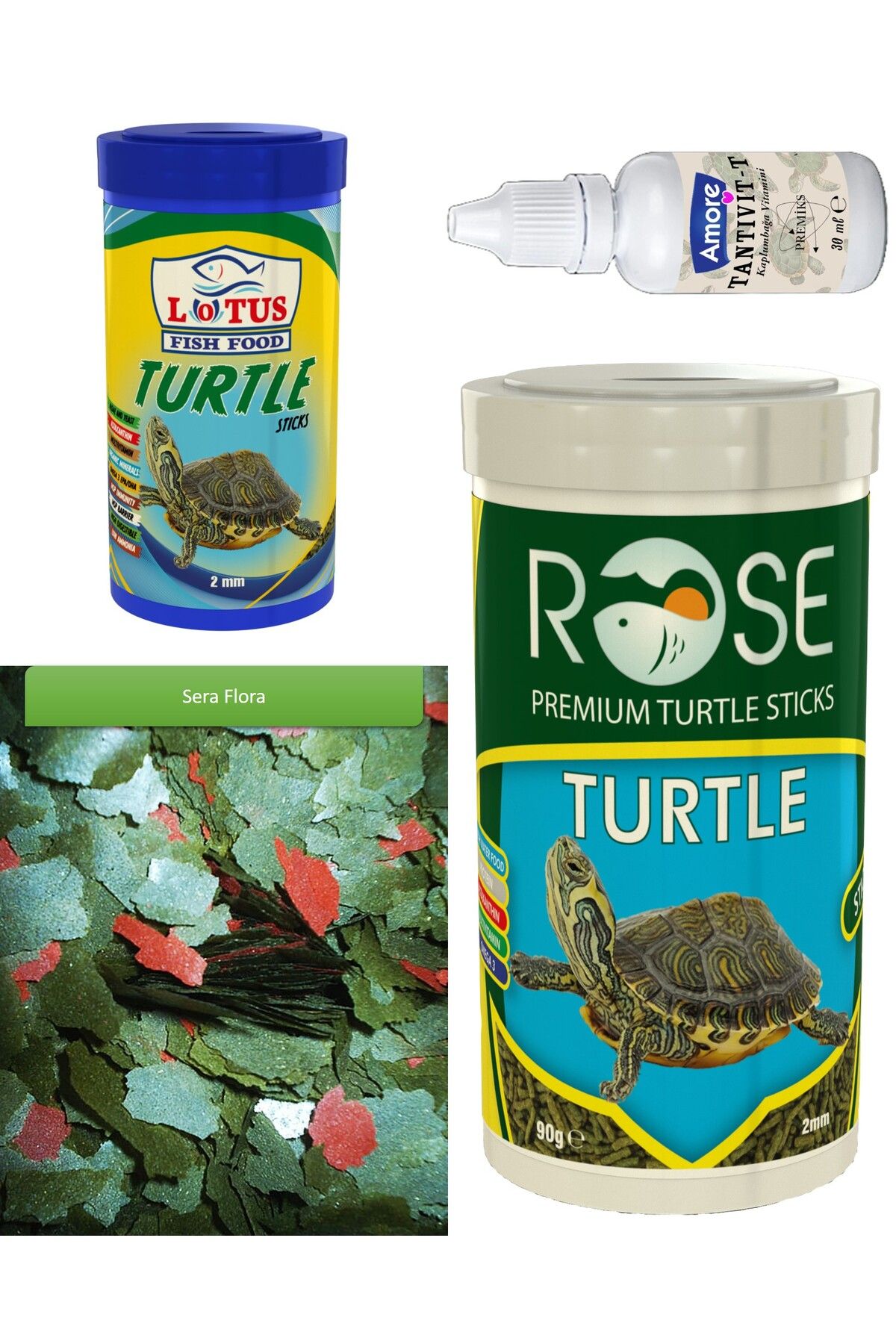 Rose Turtle Green Sticks 250ml, Sera Flora 30gr Pul, Lotus 100ml Su Kaplumbağası Yüzen Yemi, Multivitamin