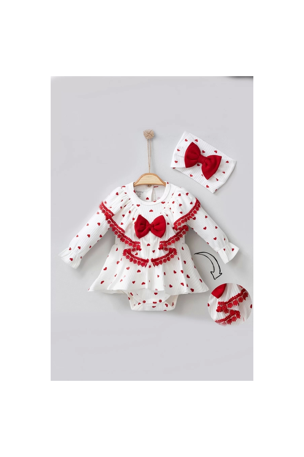 Guipure Detailed Heart Patterned 100% Cotton Baby Girl Romper
