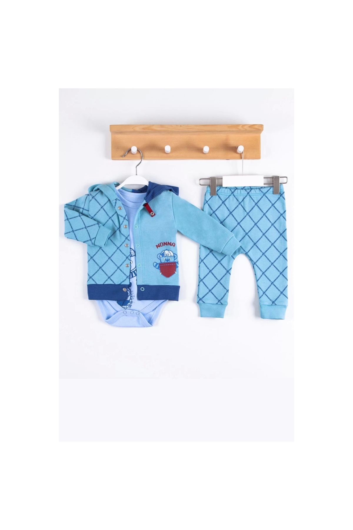 Pocket Patterned Hooded 100% Cotton Cardigan 3-Piece Men's Suit