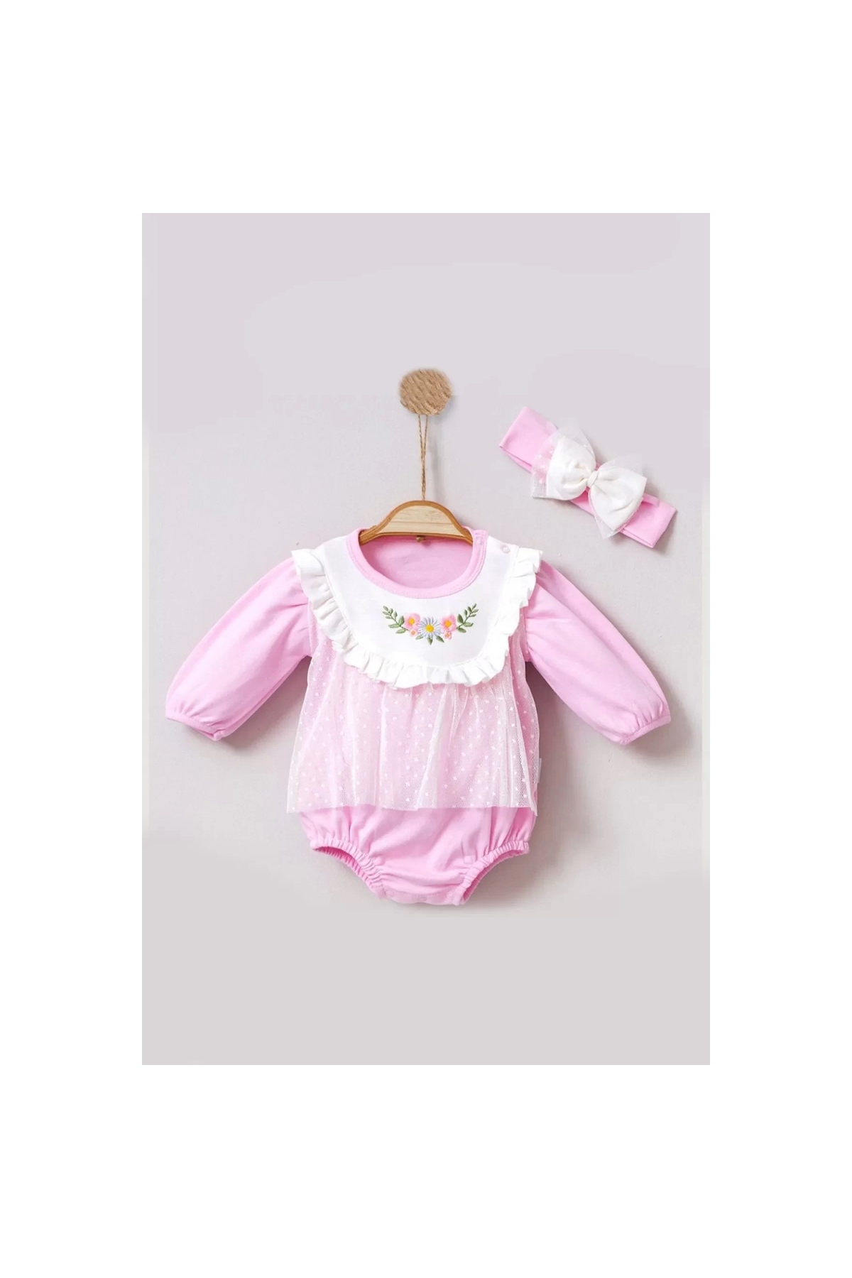 Floral Embroidered Tulle Bandana Baby Girl Romper