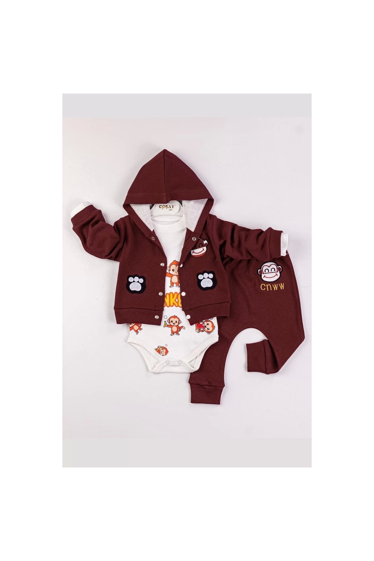 Monkey Embroidered Hooded Baby Boy Suit