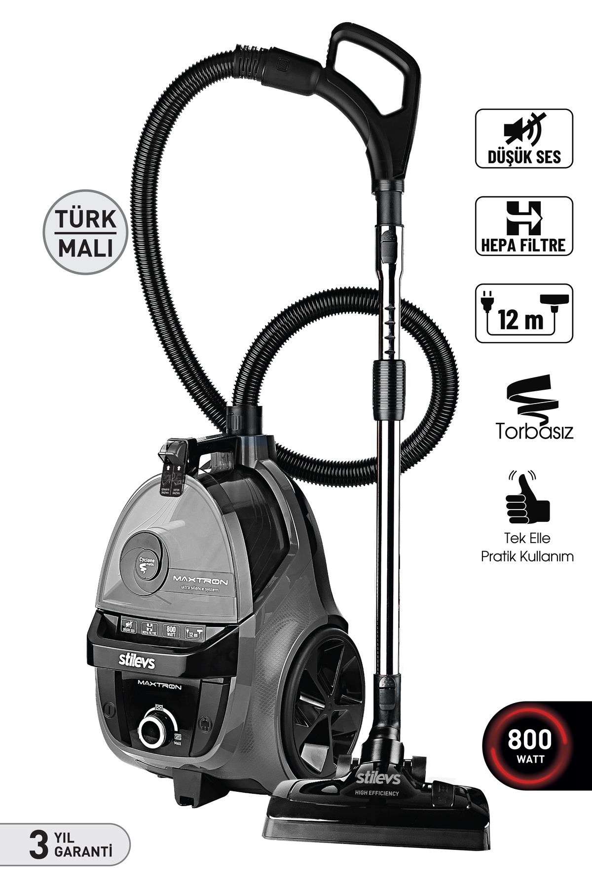 Maxtron Toz Torbasız Elektrikli Süpürge - Gri - Set12341