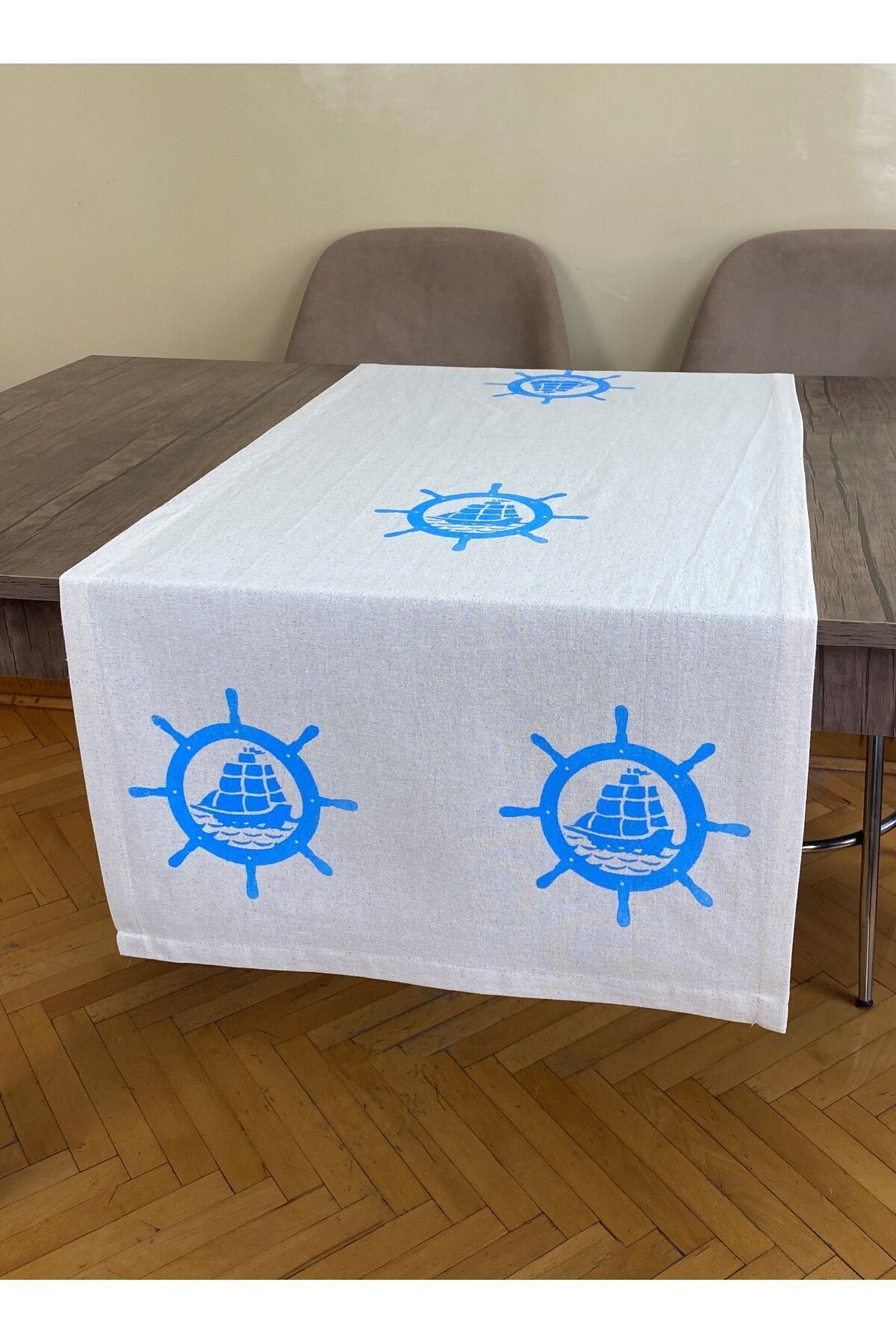 pamukidea-Rudder Patterned Runner Board Printed Stone Print Buldan Linen Cloth Fireplace Ranir Tablecloth Boat Wheel 3