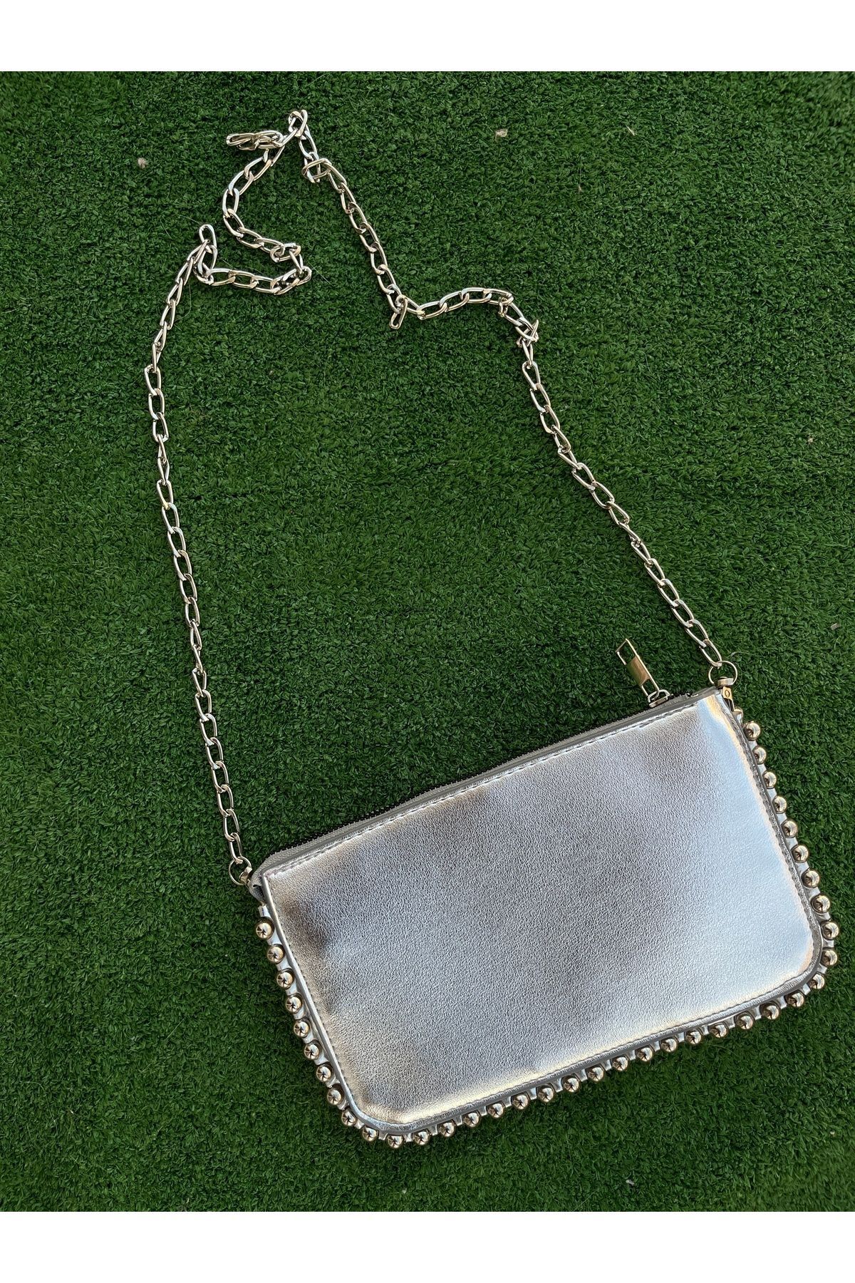 melecco-Silver Metal Studded Faux Leather Women's Wallet Bag - Equivalent Detailed, Versatile, Crossbody 6