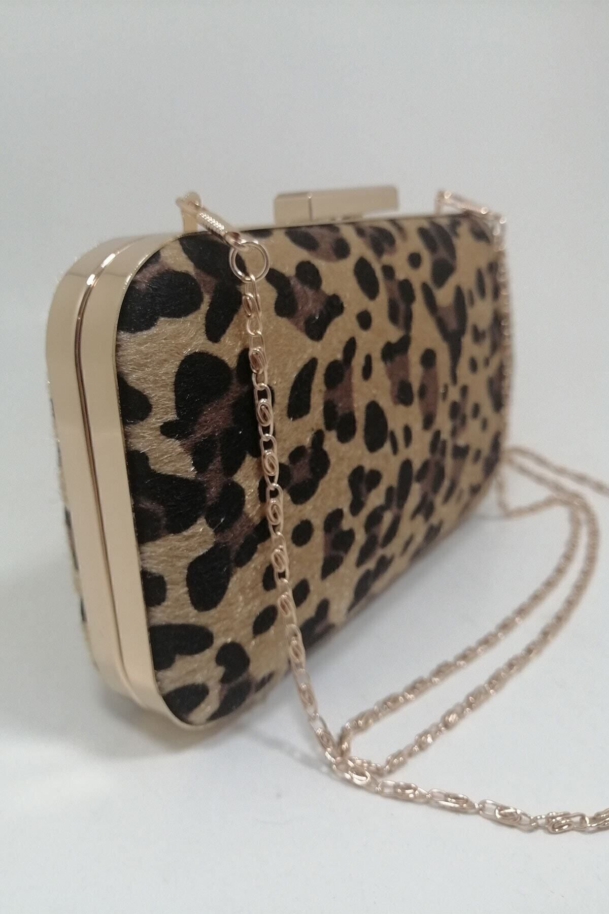 PARKTAN Yakamoz Leopar Desenli Kadın Abiye Clutch Portföy Çanta görsel 4