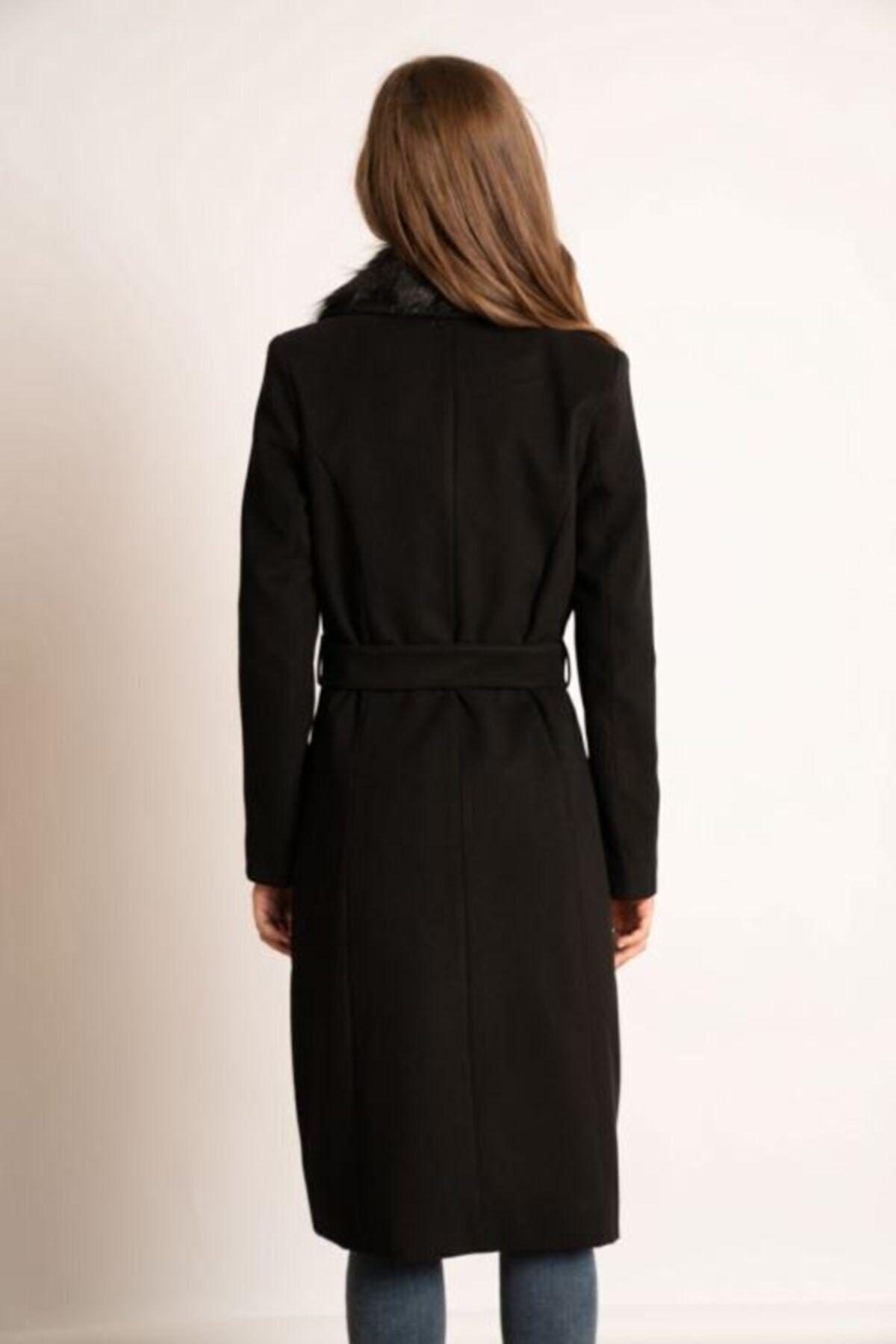 Genel Markalar  Ksd Siyah Yakası Kürklü Büyük Beden Kaşe Kadın Kaban - Görsel 4