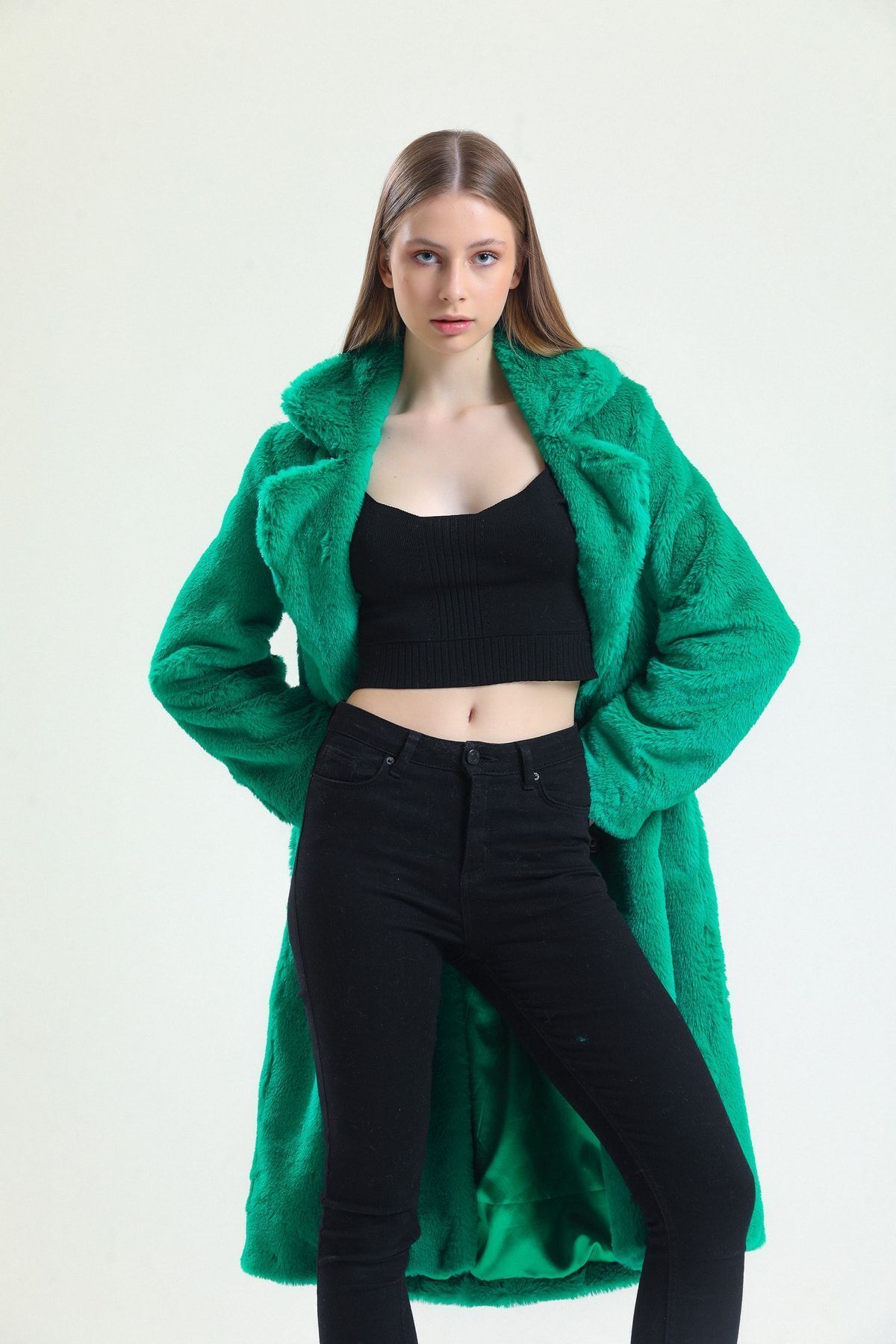 KürkZone  Kadın Yeşil Ingiliz Yaka Mavi Rex Kürk Peluş Manto - Görsel 2