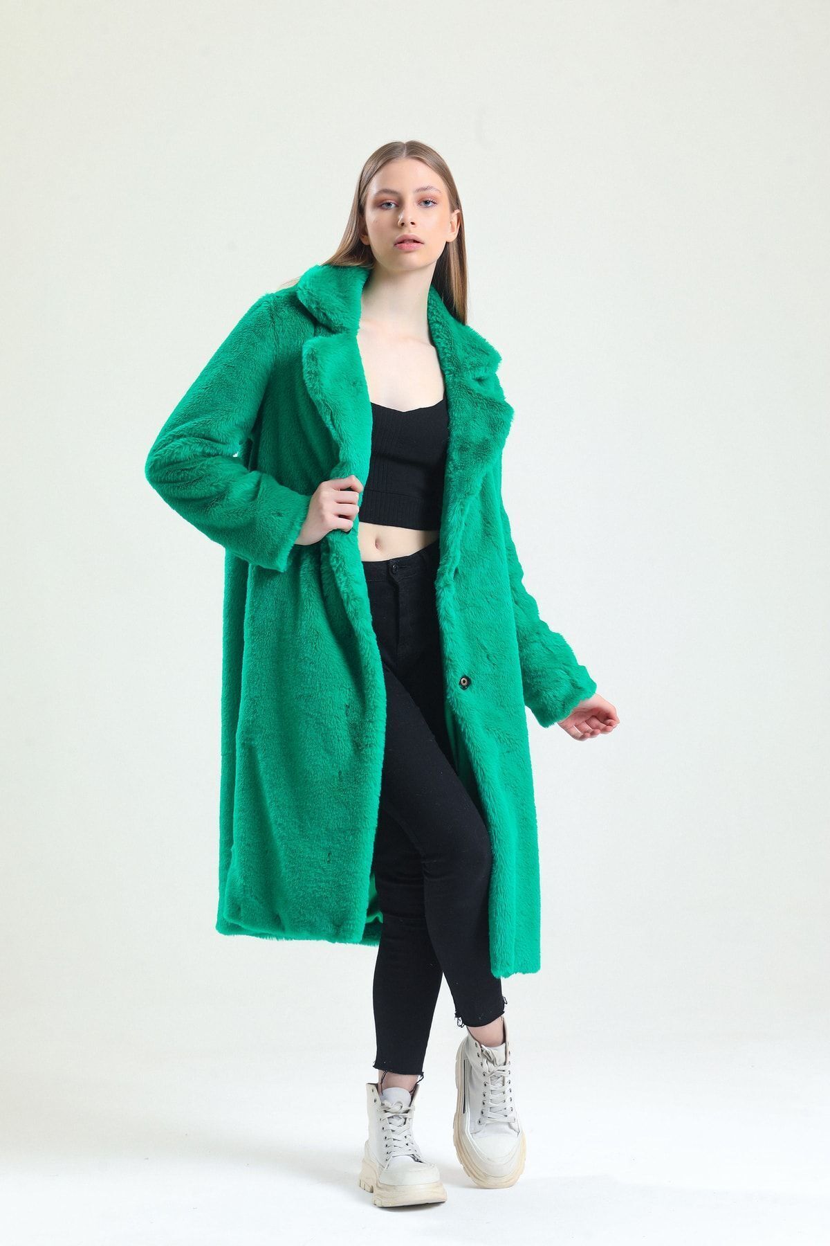 KürkZone  Kadın Yeşil Ingiliz Yaka Mavi Rex Kürk Peluş Manto - Görsel 5