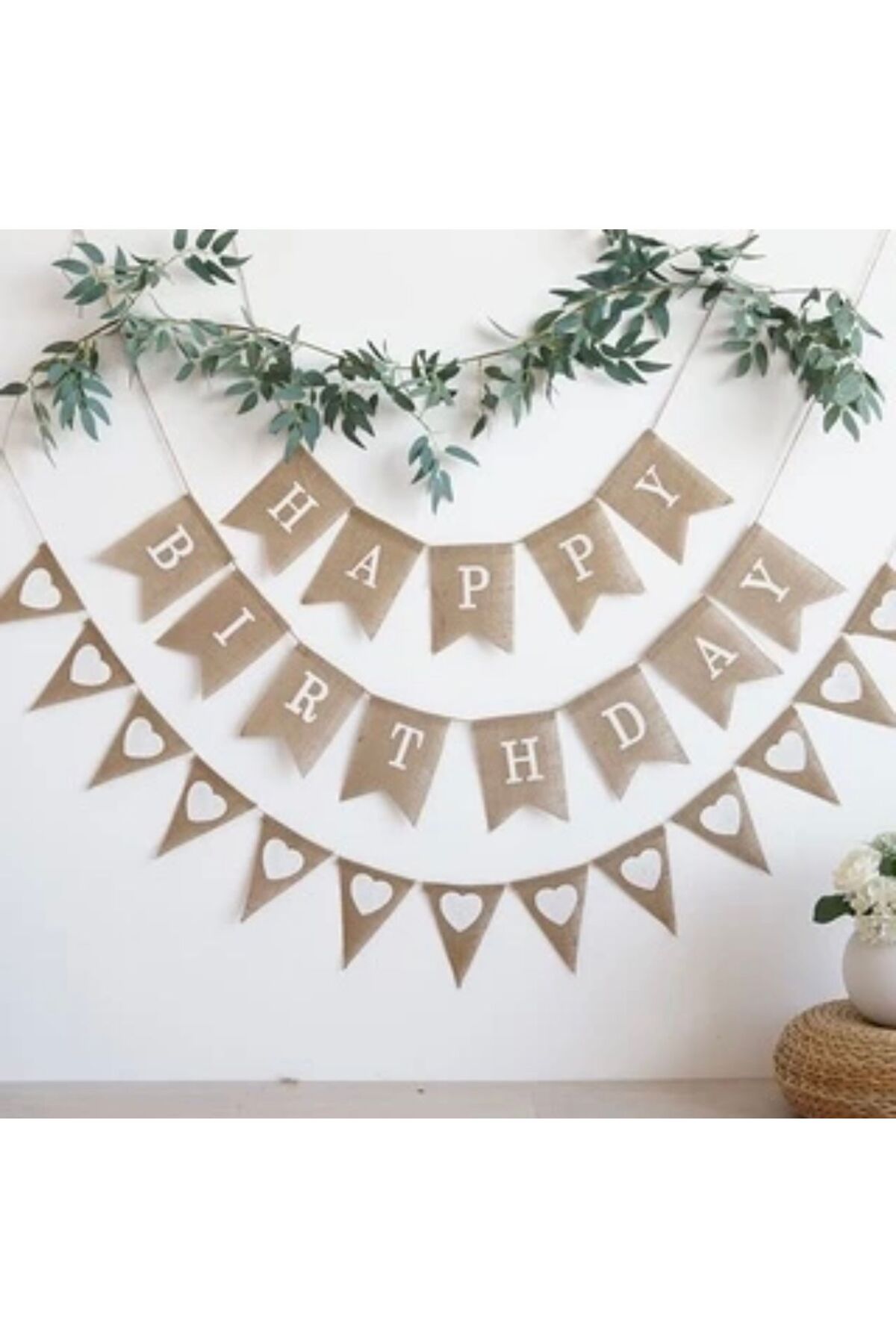 Partifabrik Kraft KARTON Happy Birthday Yazı Ve Kalpli Üçgen Karton Duvar Süsü