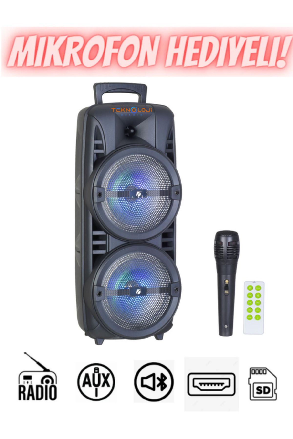 Teknoloji Gelsin Bluetooth Hoparlör Ultra Büyük 8 inç*2 Çift Parti Hoparlör Işıklı Mikrofonlu 60cm Speaker Aux/Fm/Usb