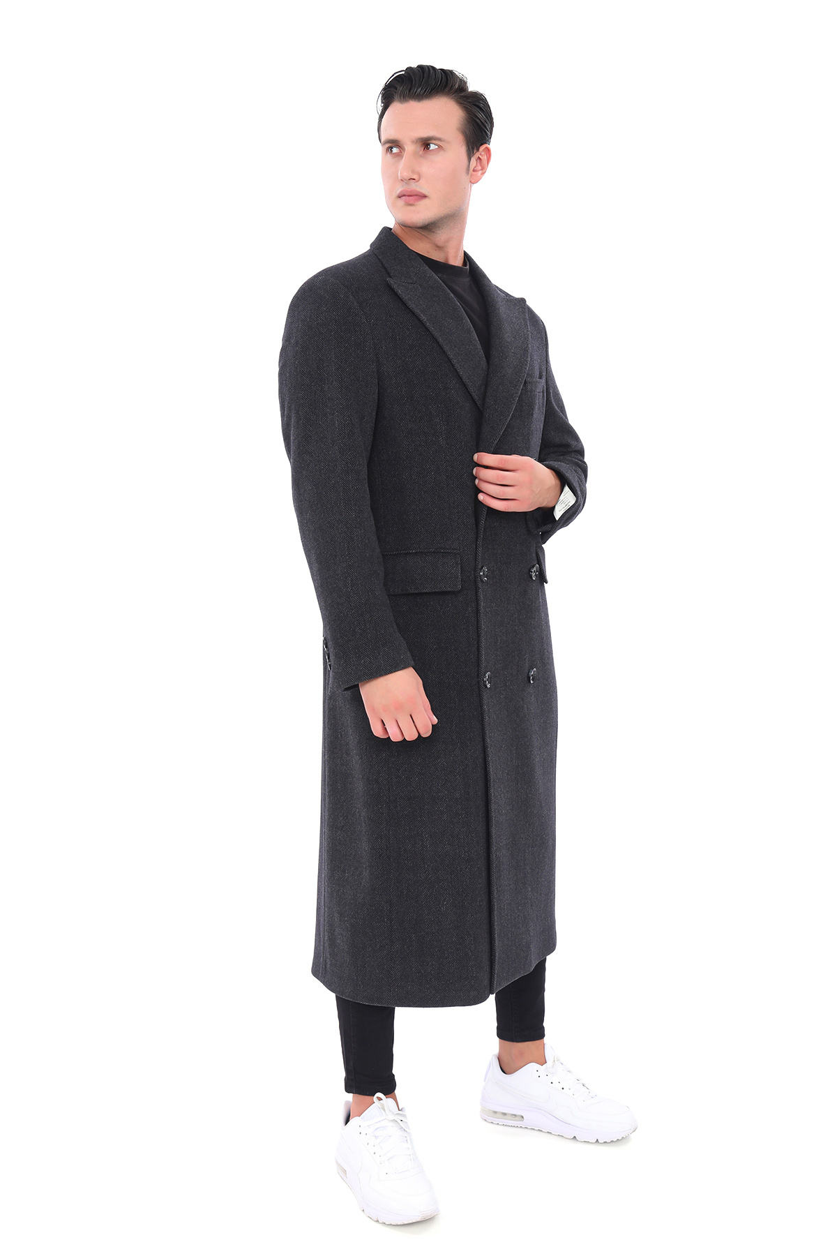 ŞAN GİYİM  4439 Erkek Balıksırtı Füme Kemerli Kruvaze Uzun Palto - Görsel 2