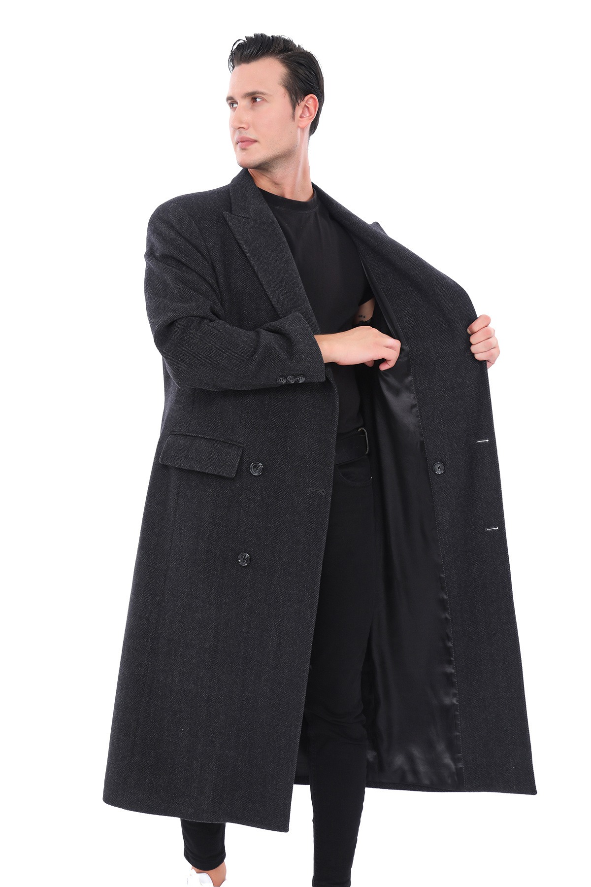 ŞAN GİYİM  4439 Erkek Balıksırtı Füme Kemerli Kruvaze Uzun Palto - Görsel 4