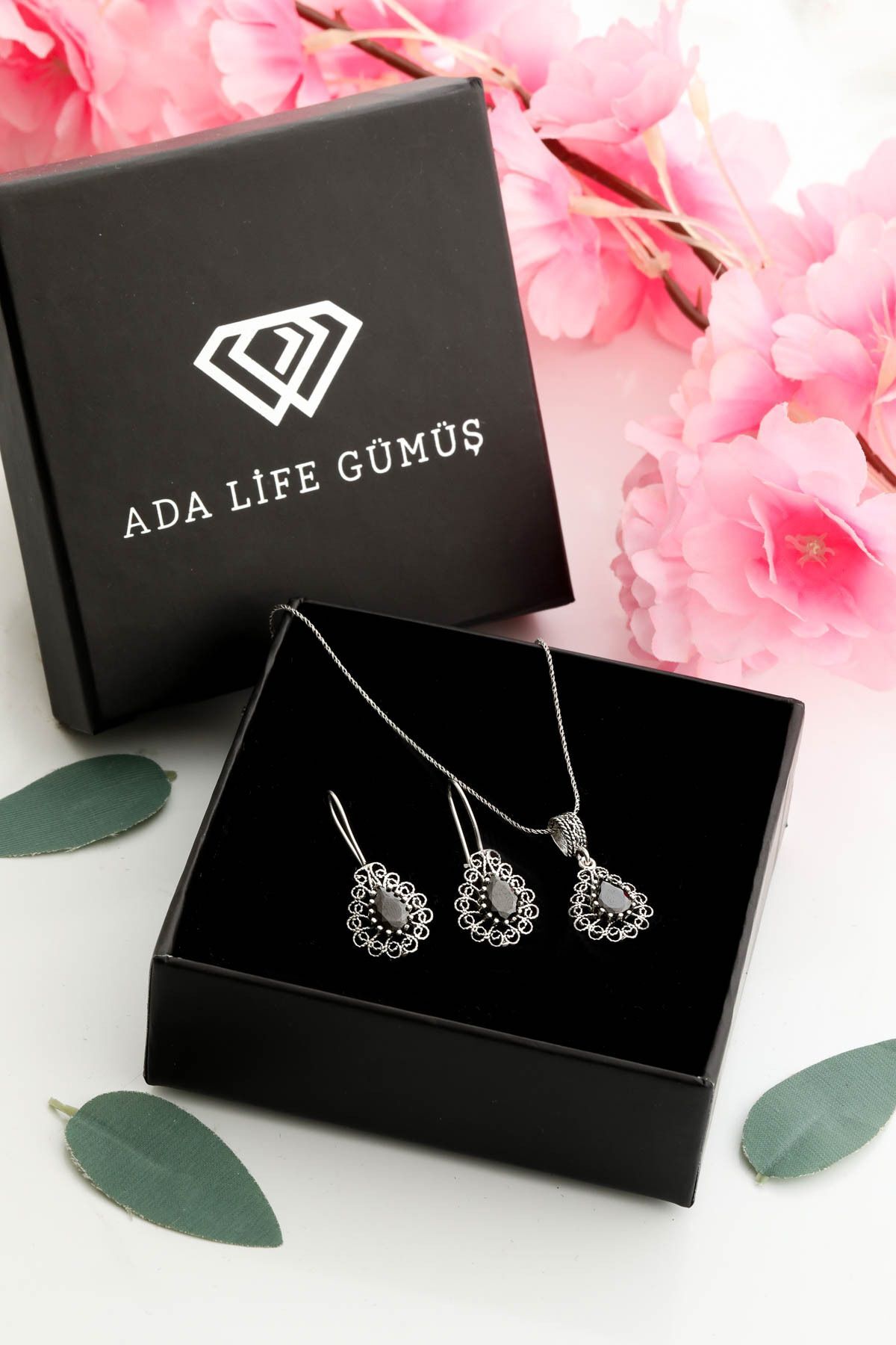 ADA LİFE GÜMÜŞ 925 Ayar Gümüş Taşlı Damla Model Oksitli Telkari Kadın Set (ÖZEL KUTULU)
