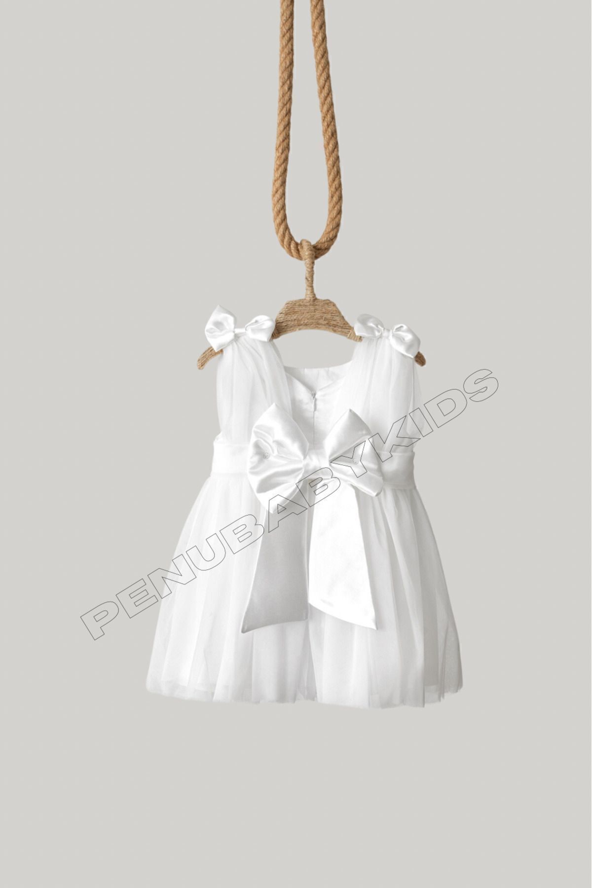 penu baby kids Beyaz Omuzdan Fiyonklu Tül Kız Bebek Elbise - Bow fotoğrafı 7 (önizleme)