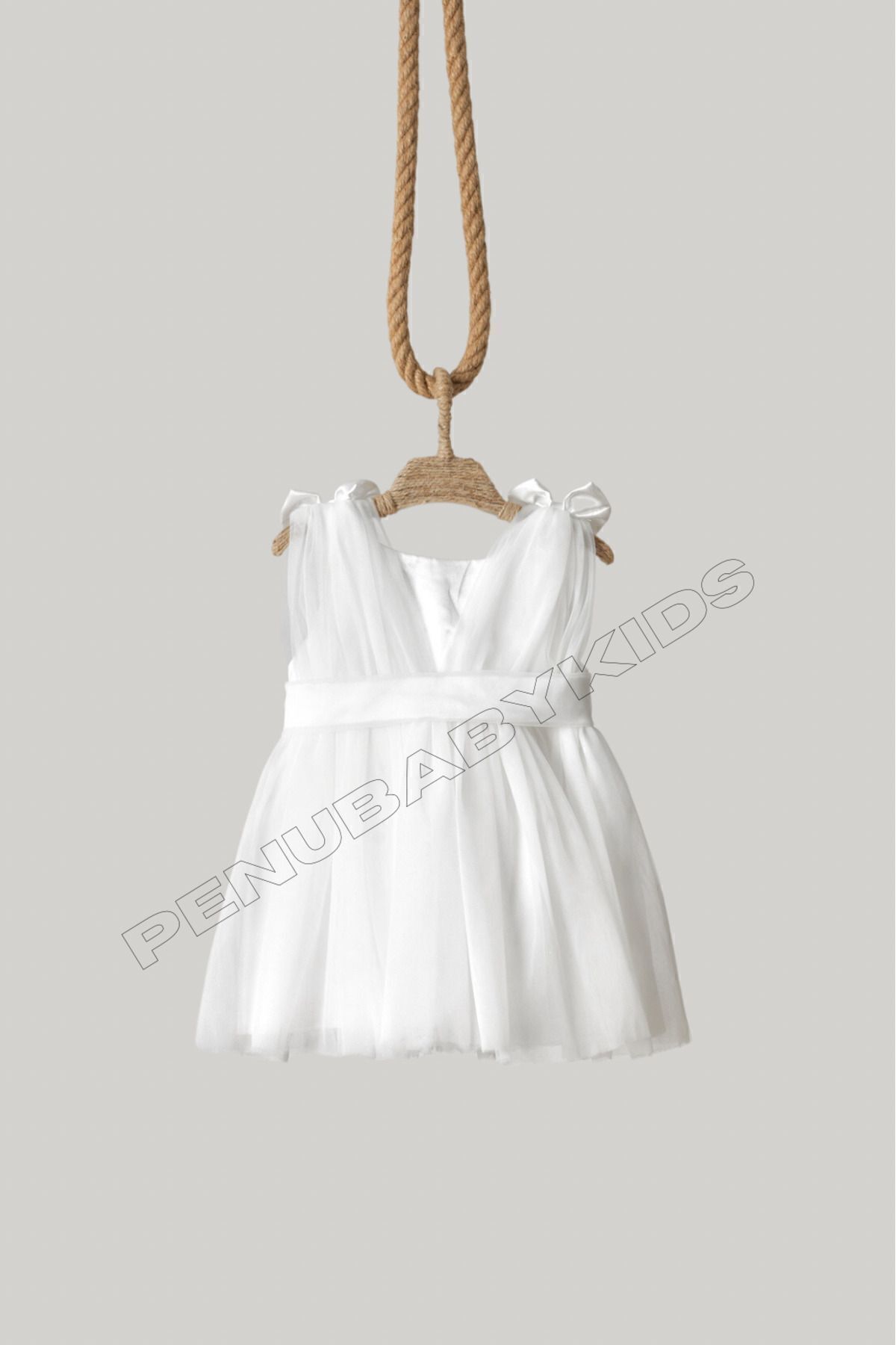 penu baby kids Beyaz Omuzdan Fiyonklu Tül Kız Bebek Elbise - Bow fotoğrafı 6 (önizleme)