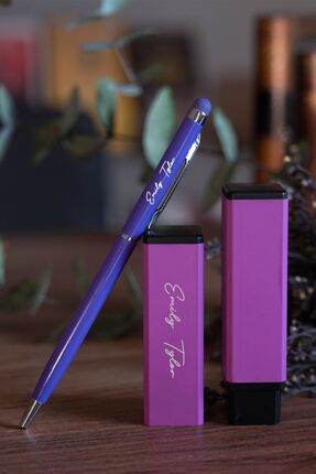 Kitaplı Hediye Özel Kutusunda Isme Özel Mor Metal Kalem