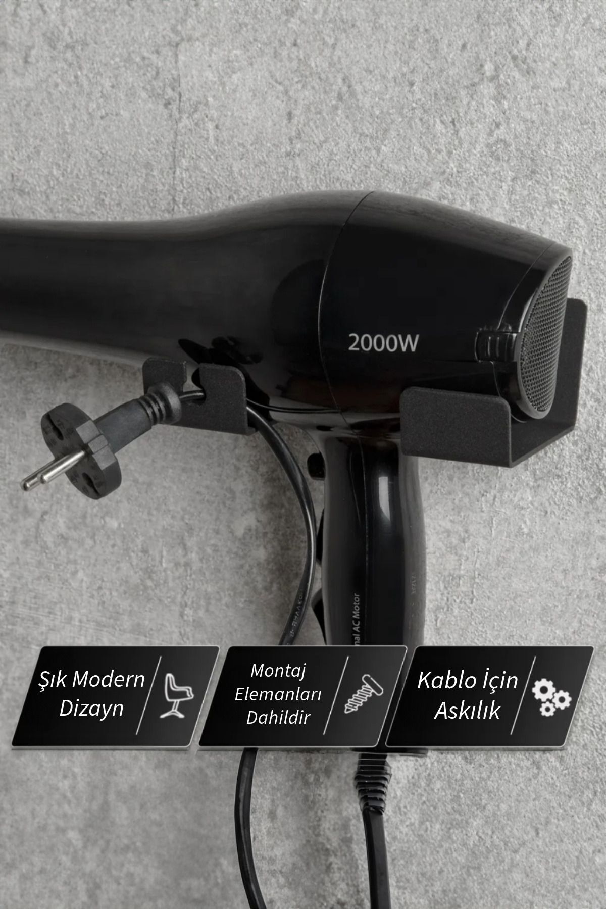Siyah Saç Kurutma Makinesi Askısı - Metal Fön Makinesi Rafı Banyo Askısı