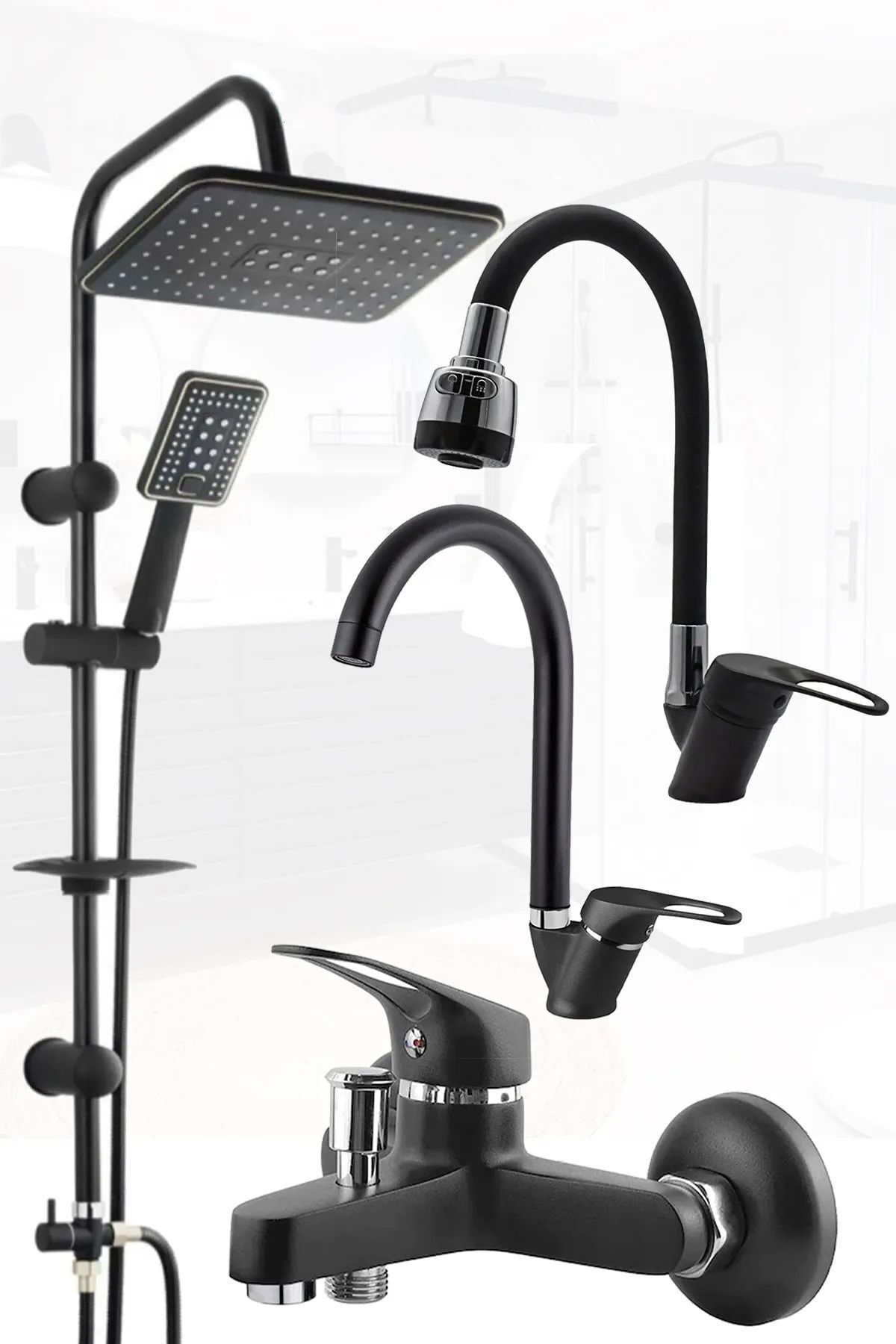 VSA Robot Siyah Spiralli Tepe Yağmurlama Duş Seti Mutfak Banyo Lavabo Batarya Musluk Set