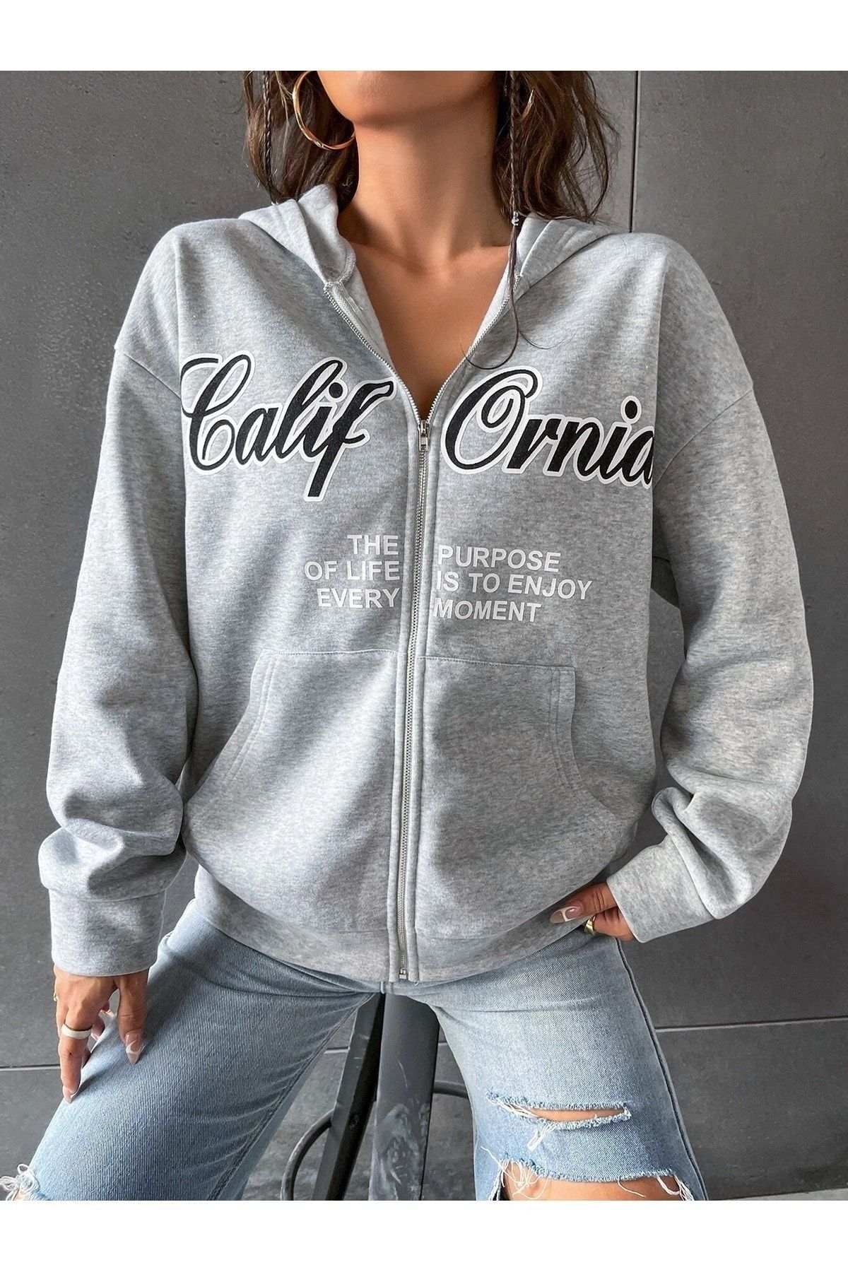 ژاکت کشباف Calif Ornia - ژاکت کشباف کلاه‌دار زیپ‌دار زمستانی طرح‌دار خاکستری با جزئیات جیب‌دار - خاکستری CLFNRHRKA-MR — تصویر 4 از 6