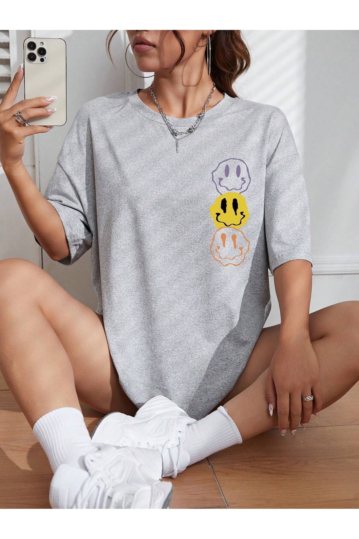 MODARİCH-Emoji Smileys T-Shirt - Gray Printed Oversize Crew Neck Short Sleeve Loose 1