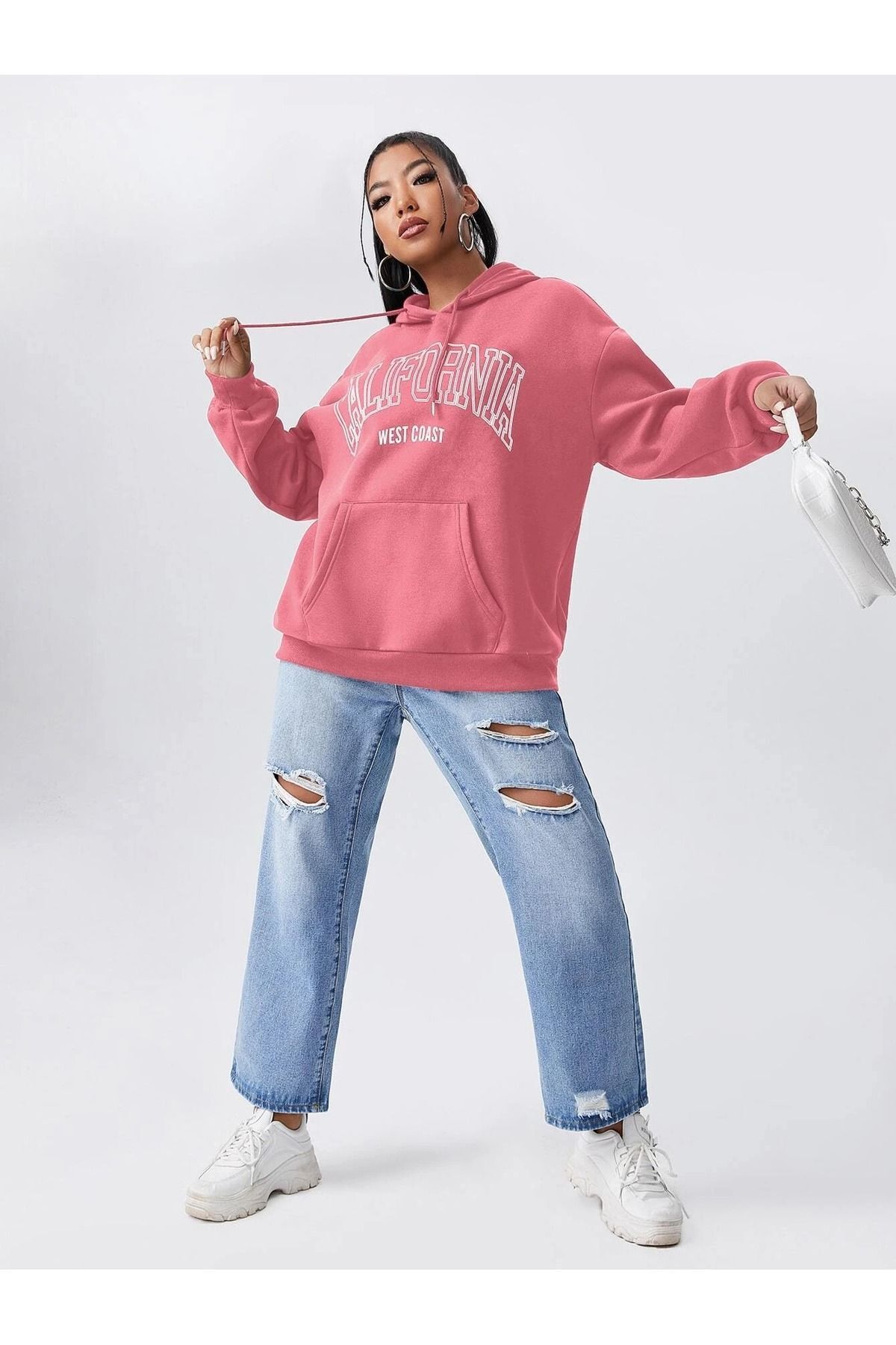 MODARİCH-California West Coast Winter Thick Sweatshirt - Powder Pink Printed Oversized Ribbon Hoodie 4