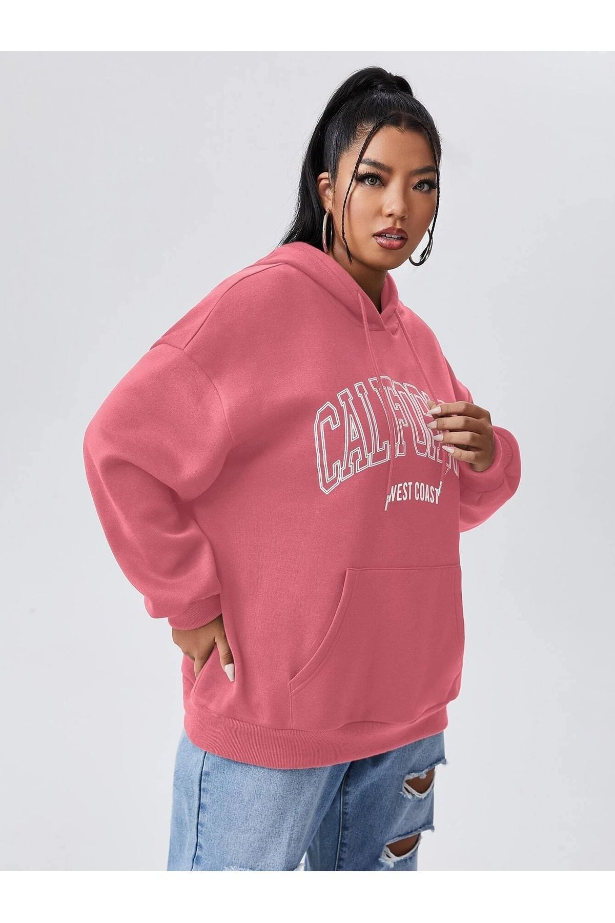 MODARİCH-California West Coast Winter Thick Sweatshirt - Powder Pink Printed Oversized Ribbon Hoodie 3
