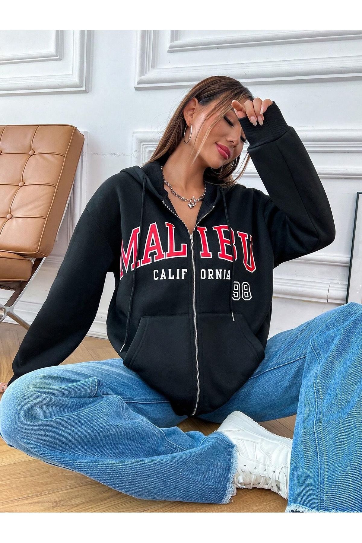 Malibu California 98 Hırka Sweatshirt - Siyah Baskılı Kışlık Oversize Kapüşonlu Fermuarlı Hırka — مشکی MLBCLF98HRK-MR — تصویر 1 از 5