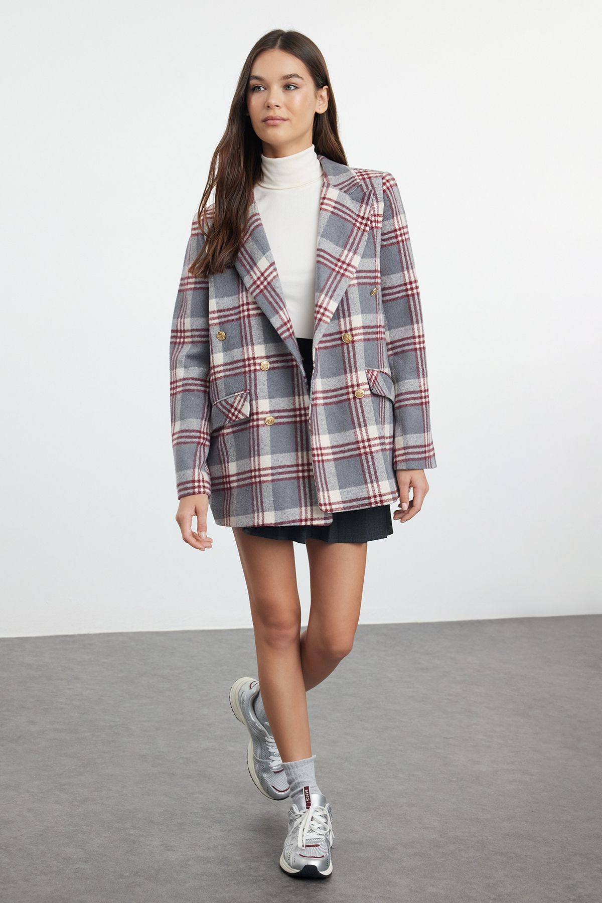 Trendyol Collection Oversize'owa Szara Marynarka W Kratę - Dwurzędowe Zapięcie I Podszewka Kobieta - 38