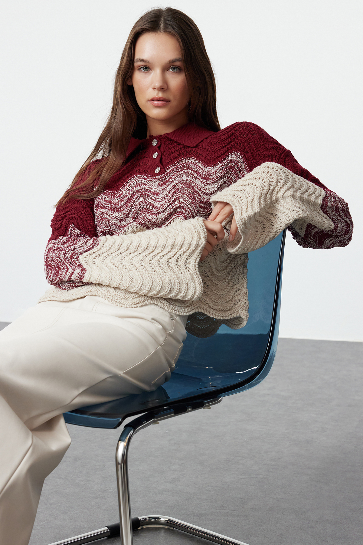 Trendyol Collection Purple Crop Jewel Button Color Block Knitwear Sweater Twoaw23Kz01331