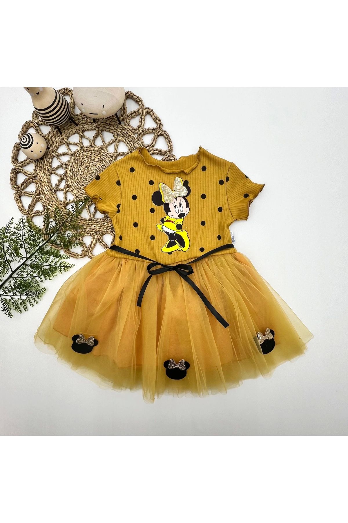 2-3-4 Years Old Polka Dot Mickey Printed Ribbon Belted Lined Baby Girl Tutu Dress